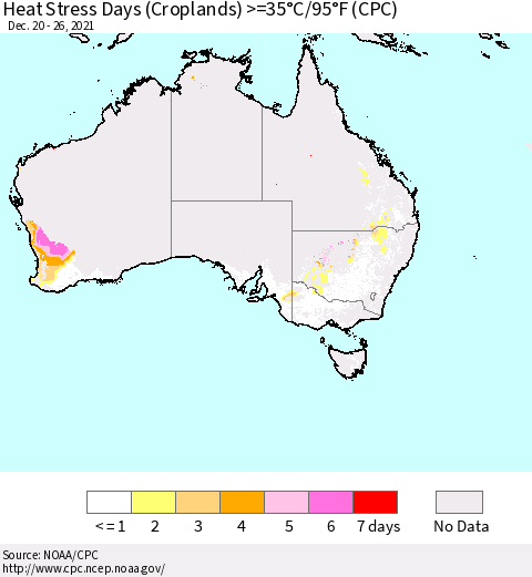 Australia Heat Stress Days (Croplands) >=35°C/95°F (CPC) Thematic Map For 12/20/2021 - 12/26/2021