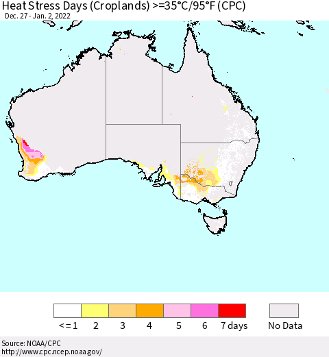 Australia Heat Stress Days (Croplands) >=35°C/95°F (CPC) Thematic Map For 12/27/2021 - 1/2/2022