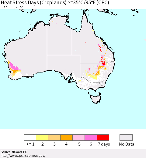 Australia Heat Stress Days (Croplands) >=35°C/95°F (CPC) Thematic Map For 1/3/2022 - 1/9/2022