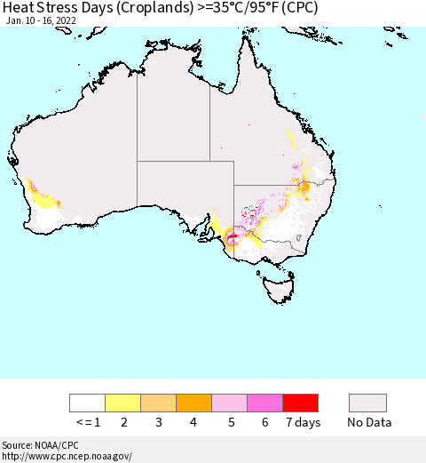 Australia Heat Stress Days (Croplands) >=35°C/95°F (CPC) Thematic Map For 1/10/2022 - 1/16/2022