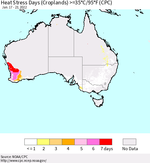 Australia Heat Stress Days (Croplands) >=35°C/95°F (CPC) Thematic Map For 1/17/2022 - 1/23/2022