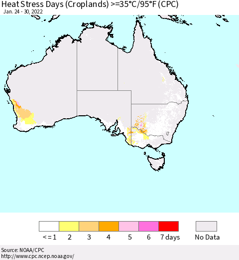 Australia Heat Stress Days (Croplands) >=35°C/95°F (CPC) Thematic Map For 1/24/2022 - 1/30/2022