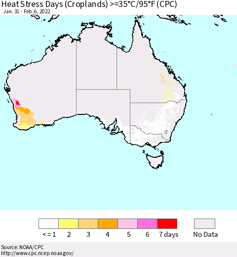 Australia Heat Stress Days (Croplands) >=35°C/95°F (CPC) Thematic Map For 1/31/2022 - 2/6/2022