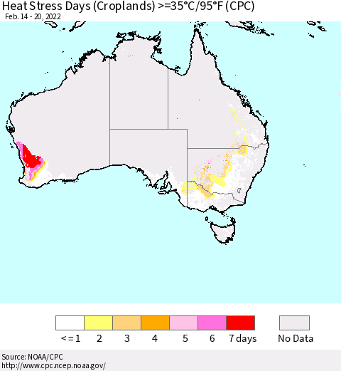 Australia Heat Stress Days (Croplands) >=35°C/95°F (CPC) Thematic Map For 2/14/2022 - 2/20/2022
