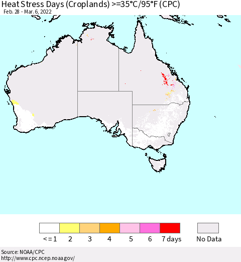 Australia Heat Stress Days (Croplands) >=35°C/95°F (CPC) Thematic Map For 2/28/2022 - 3/6/2022