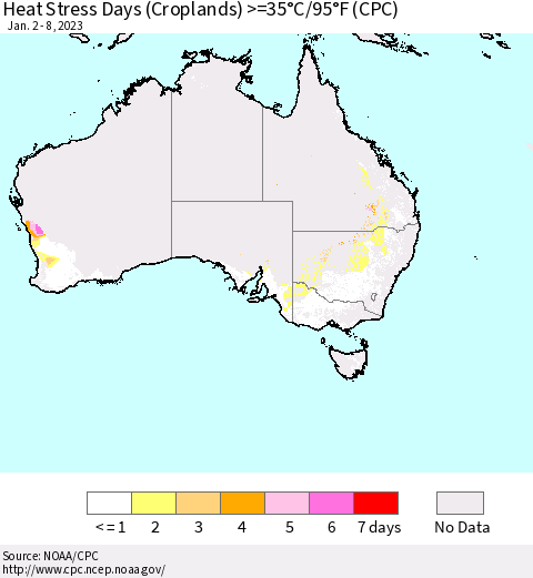 Australia Heat Stress Days (Croplands) >=35°C/95°F (CPC) Thematic Map For 1/2/2023 - 1/8/2023