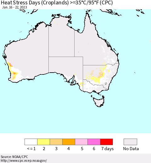 Australia Heat Stress Days (Croplands) >=35°C/95°F (CPC) Thematic Map For 1/16/2023 - 1/22/2023