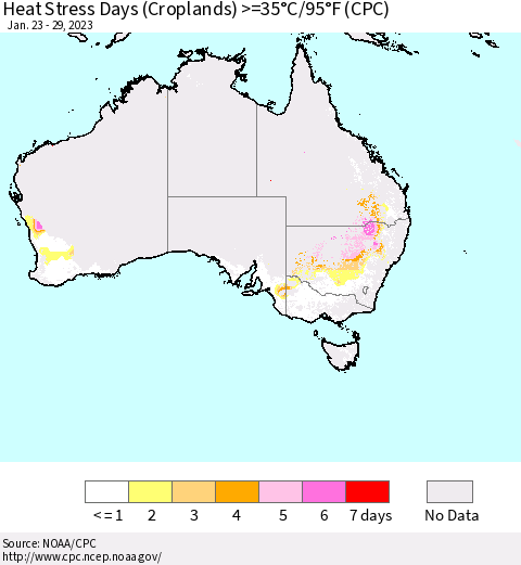 Australia Heat Stress Days (Croplands) >=35°C/95°F (CPC) Thematic Map For 1/23/2023 - 1/29/2023
