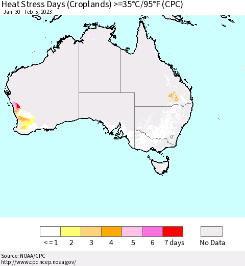 Australia Heat Stress Days (Croplands) >=35°C/95°F (CPC) Thematic Map For 1/30/2023 - 2/5/2023