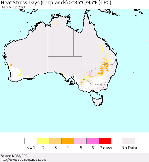 Australia Heat Stress Days (Croplands) >=35°C/95°F (CPC) Thematic Map For 2/6/2023 - 2/12/2023