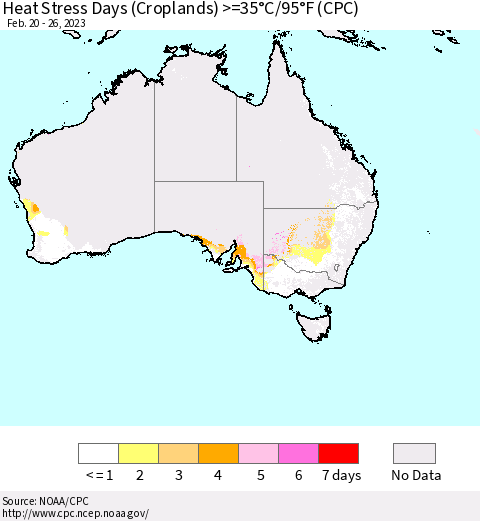 Australia Heat Stress Days (Croplands) >=35°C/95°F (CPC) Thematic Map For 2/20/2023 - 2/26/2023