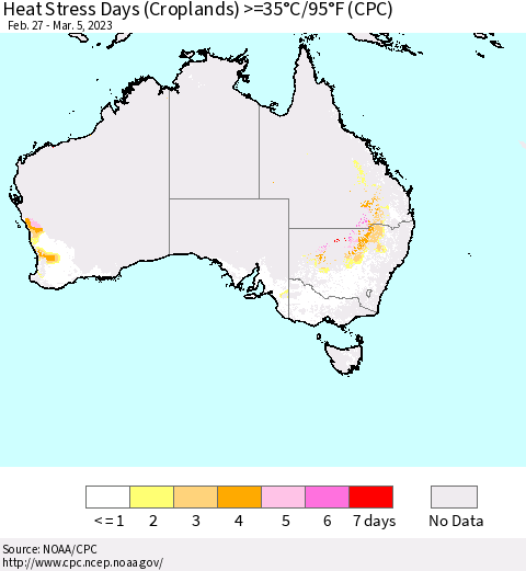Australia Heat Stress Days (Croplands) >=35°C/95°F (CPC) Thematic Map For 2/27/2023 - 3/5/2023