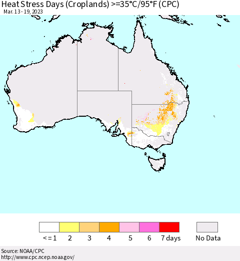 Australia Heat Stress Days (Croplands) >=35°C/95°F (CPC) Thematic Map For 3/13/2023 - 3/19/2023