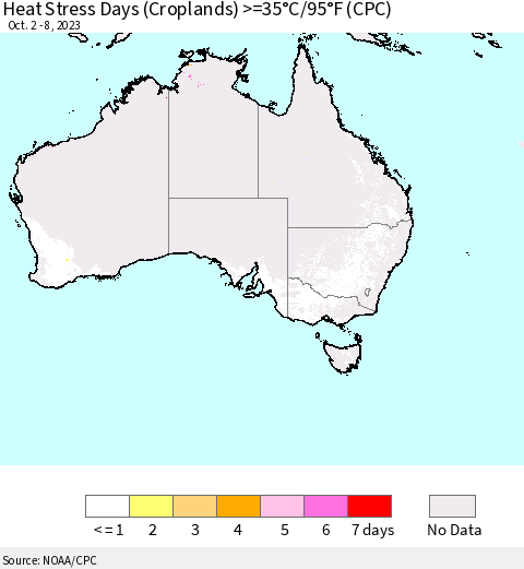 Australia Heat Stress Days (Croplands) >=35°C/95°F (CPC) Thematic Map For 10/2/2023 - 10/8/2023