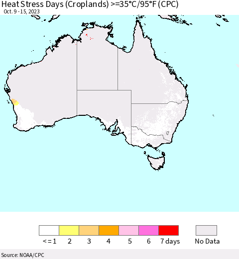 Australia Heat Stress Days (Croplands) >=35°C/95°F (CPC) Thematic Map For 10/9/2023 - 10/15/2023