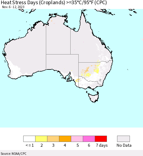 Australia Heat Stress Days (Croplands) >=35°C/95°F (CPC) Thematic Map For 11/6/2023 - 11/12/2023
