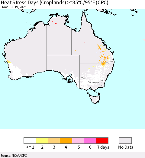 Australia Heat Stress Days (Croplands) >=35°C/95°F (CPC) Thematic Map For 11/13/2023 - 11/19/2023
