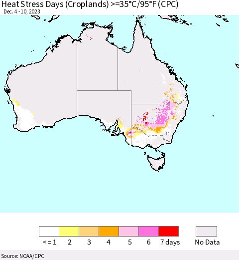 Australia Heat Stress Days (Croplands) >=35°C/95°F (CPC) Thematic Map For 12/4/2023 - 12/10/2023