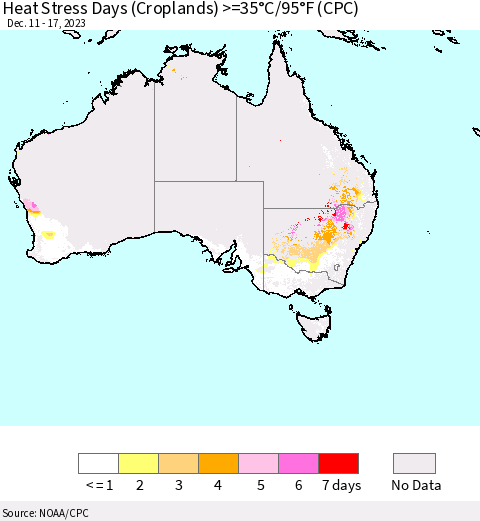 Australia Heat Stress Days (Croplands) >=35°C/95°F (CPC) Thematic Map For 12/11/2023 - 12/17/2023