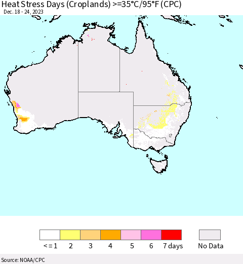 Australia Heat Stress Days (Croplands) >=35°C/95°F (CPC) Thematic Map For 12/18/2023 - 12/24/2023