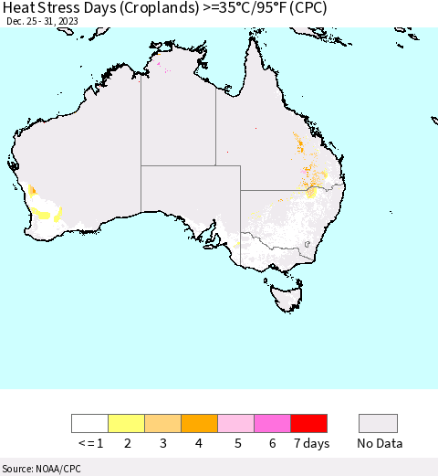 Australia Heat Stress Days (Croplands) >=35°C/95°F (CPC) Thematic Map For 12/25/2023 - 12/31/2023