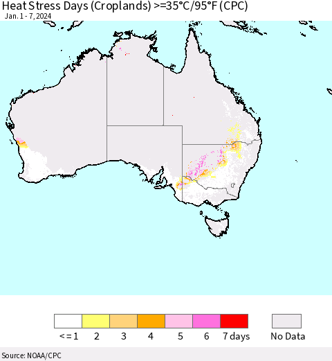 Australia Heat Stress Days (Croplands) >=35°C/95°F (CPC) Thematic Map For 1/1/2024 - 1/7/2024