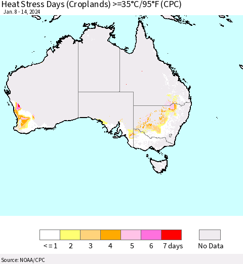 Australia Heat Stress Days (Croplands) >=35°C/95°F (CPC) Thematic Map For 1/8/2024 - 1/14/2024