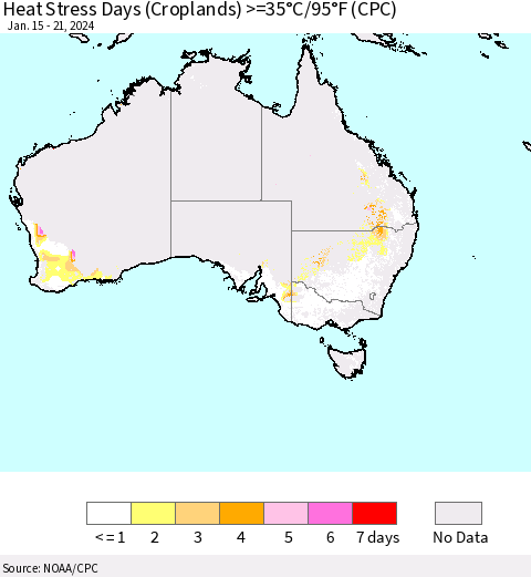Australia Heat Stress Days (Croplands) >=35°C/95°F (CPC) Thematic Map For 1/15/2024 - 1/21/2024
