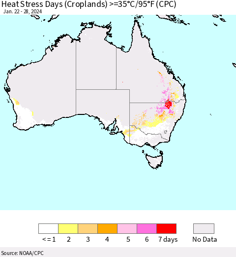 Australia Heat Stress Days (Croplands) >=35°C/95°F (CPC) Thematic Map For 1/22/2024 - 1/28/2024