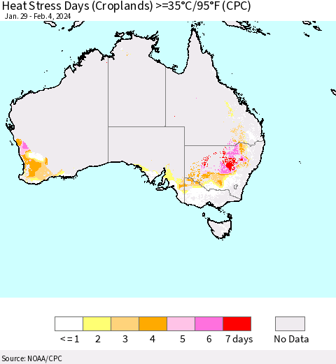 Australia Heat Stress Days (Croplands) >=35°C/95°F (CPC) Thematic Map For 1/29/2024 - 2/4/2024