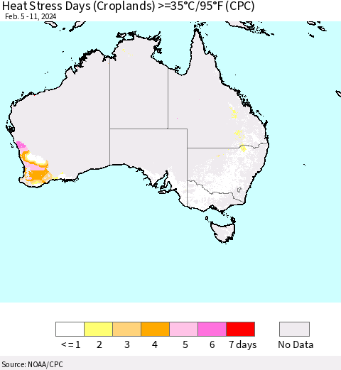 Australia Heat Stress Days (Croplands) >=35°C/95°F (CPC) Thematic Map For 2/5/2024 - 2/11/2024