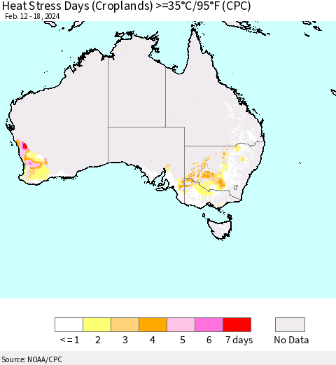 Australia Heat Stress Days (Croplands) >=35°C/95°F (CPC) Thematic Map For 2/12/2024 - 2/18/2024