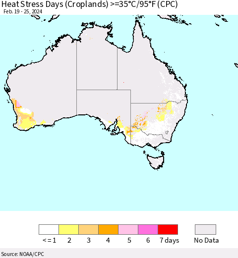 Australia Heat Stress Days (Croplands) >=35°C/95°F (CPC) Thematic Map For 2/19/2024 - 2/25/2024