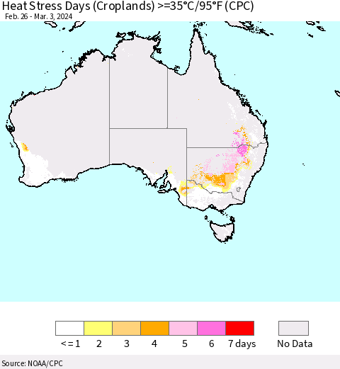 Australia Heat Stress Days (Croplands) >=35°C/95°F (CPC) Thematic Map For 2/26/2024 - 3/3/2024