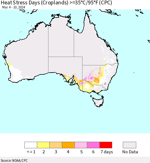 Australia Heat Stress Days (Croplands) >=35°C/95°F (CPC) Thematic Map For 3/4/2024 - 3/10/2024