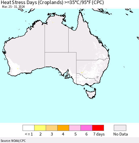 Australia Heat Stress Days (Croplands) >=35°C/95°F (CPC) Thematic Map For 3/25/2024 - 3/31/2024