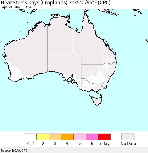 Australia Heat Stress Days (Croplands) >=35°C/95°F (CPC) Thematic Map For 4/29/2024 - 5/5/2024