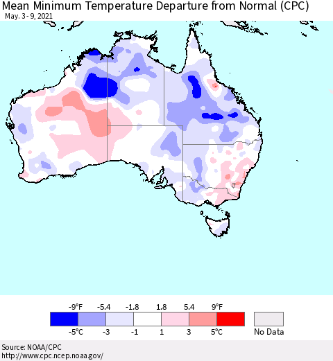 Australia Mean Minimum Temperature Departure from Normal (CPC) Thematic Map For 5/3/2021 - 5/9/2021