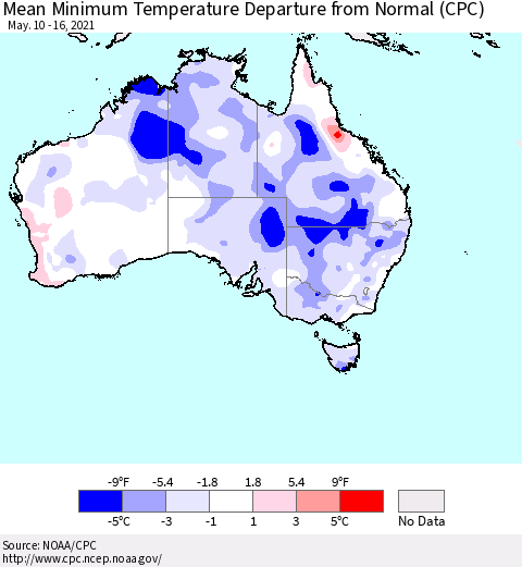 Australia Mean Minimum Temperature Departure from Normal (CPC) Thematic Map For 5/10/2021 - 5/16/2021