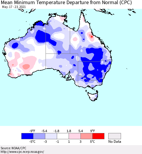 Australia Mean Minimum Temperature Departure from Normal (CPC) Thematic Map For 5/17/2021 - 5/23/2021