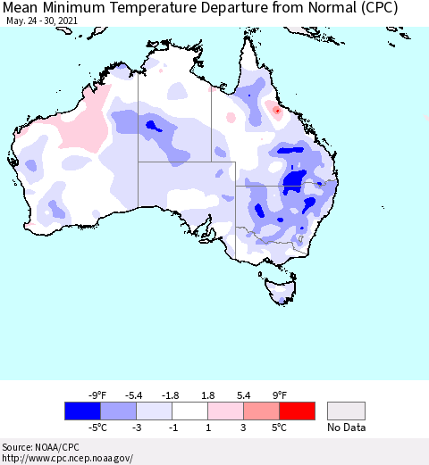 Australia Mean Minimum Temperature Departure from Normal (CPC) Thematic Map For 5/24/2021 - 5/30/2021