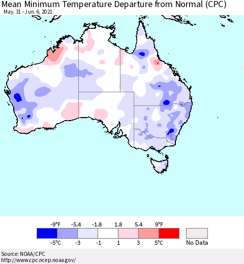 Australia Mean Minimum Temperature Departure from Normal (CPC) Thematic Map For 5/31/2021 - 6/6/2021