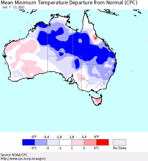 Australia Mean Minimum Temperature Departure from Normal (CPC) Thematic Map For 6/7/2021 - 6/13/2021