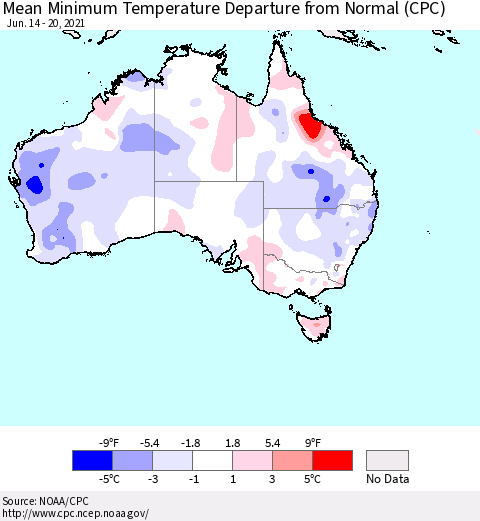 Australia Mean Minimum Temperature Departure from Normal (CPC) Thematic Map For 6/14/2021 - 6/20/2021