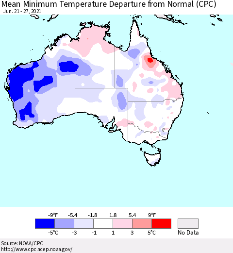 Australia Mean Minimum Temperature Departure from Normal (CPC) Thematic Map For 6/21/2021 - 6/27/2021