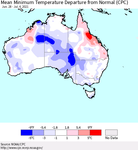 Australia Mean Minimum Temperature Departure from Normal (CPC) Thematic Map For 6/28/2021 - 7/4/2021