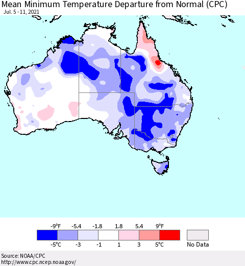 Australia Mean Minimum Temperature Departure from Normal (CPC) Thematic Map For 7/5/2021 - 7/11/2021
