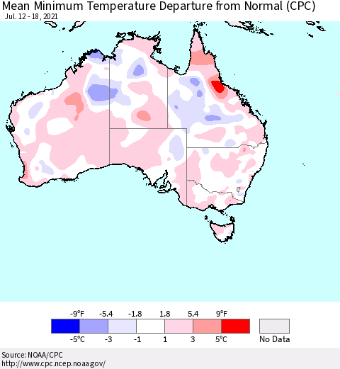 Australia Mean Minimum Temperature Departure from Normal (CPC) Thematic Map For 7/12/2021 - 7/18/2021