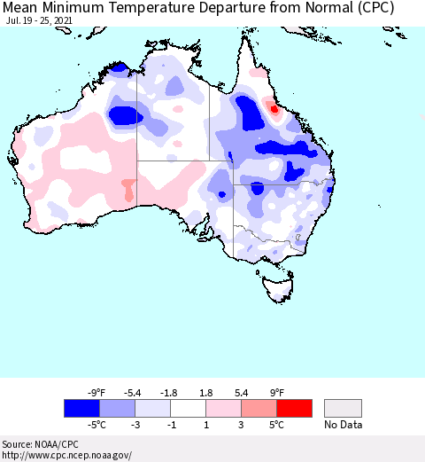Australia Mean Minimum Temperature Departure from Normal (CPC) Thematic Map For 7/19/2021 - 7/25/2021