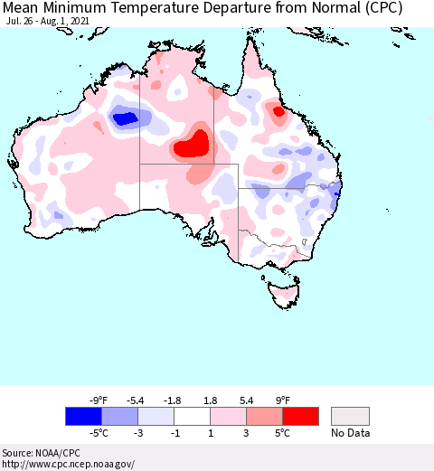 Australia Mean Minimum Temperature Departure from Normal (CPC) Thematic Map For 7/26/2021 - 8/1/2021